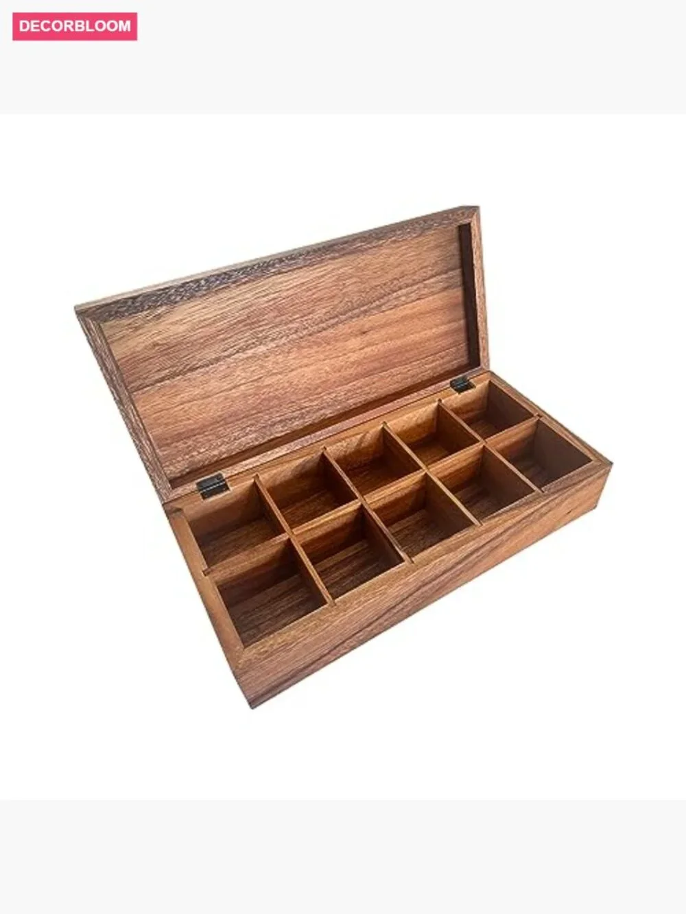 Extra Large Wooden Tea Box, 10 Compartment Acacia Chest
